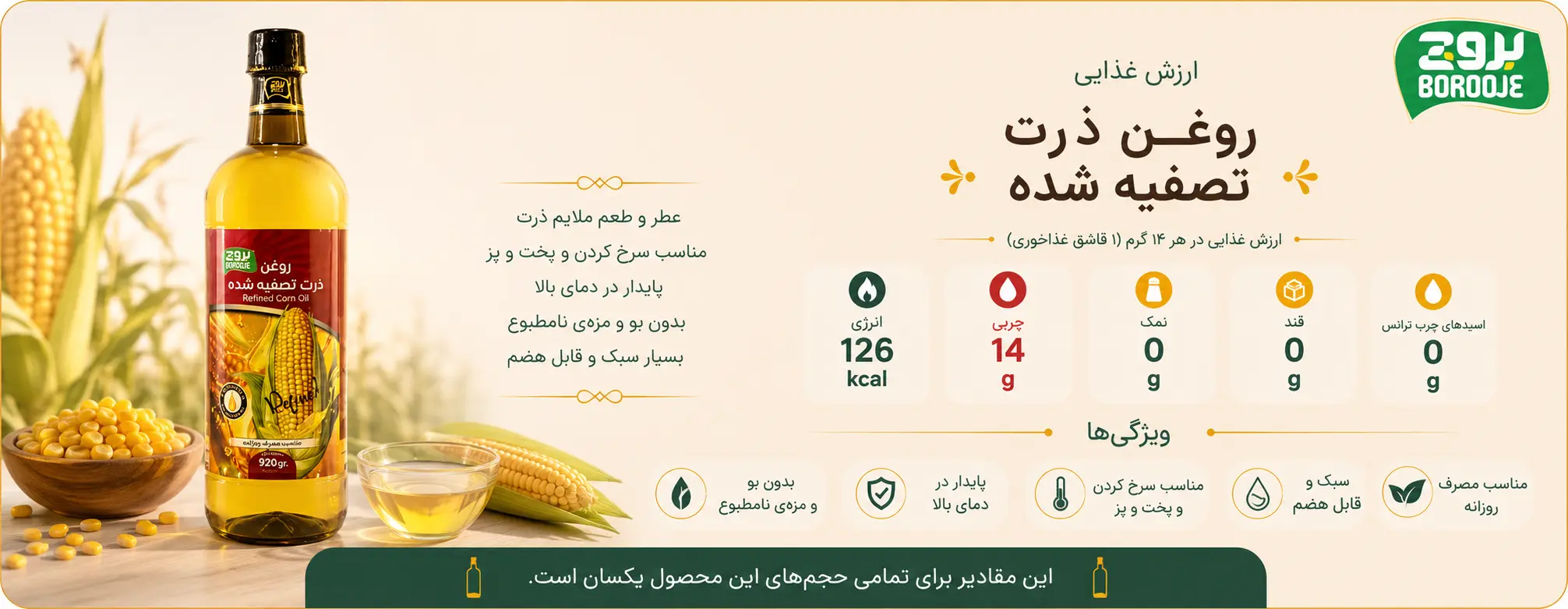 روغن ذرت تصفیه شده 1.8 لیتری بروج 1 جدول ارزش غذایی روغن ذرت تصفیه شده