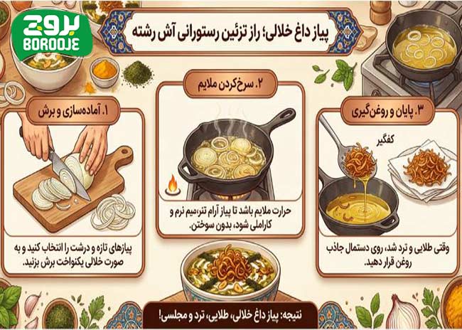 طرز تهیه پیاز داغ مجلسی برای آش رشته