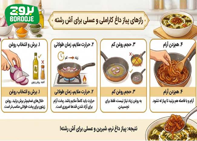 طرز تهیه پیاز داغ مجلسی برای آش رشته خوش عطر و خوشمزه رستورانی 3 دستور تهیه پیاز داغ کاراملی یا عسلی (مدل رستورانی)